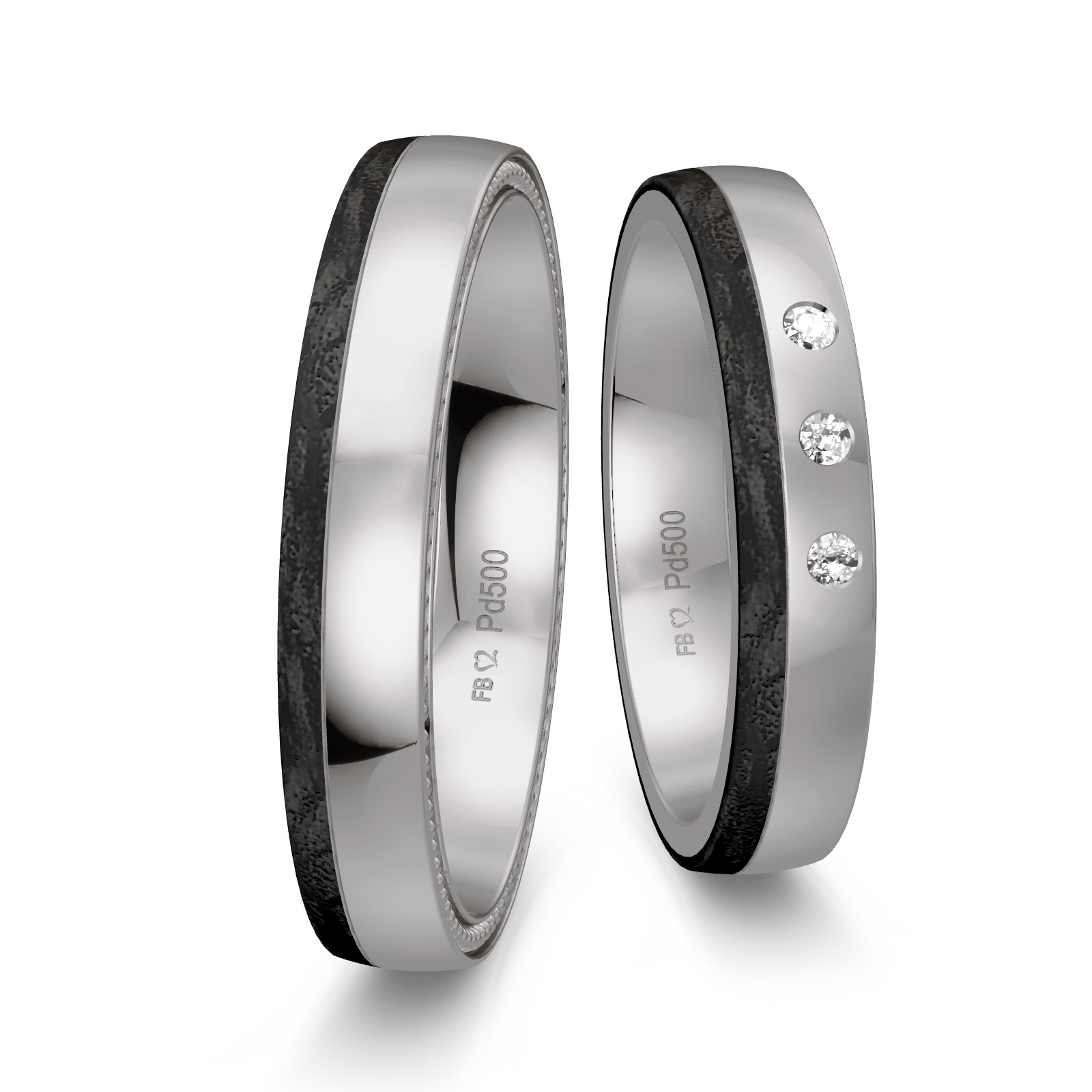 Eheringe aus Palladium 500 und Carbon mit seitlichem Muster und Diamanten
