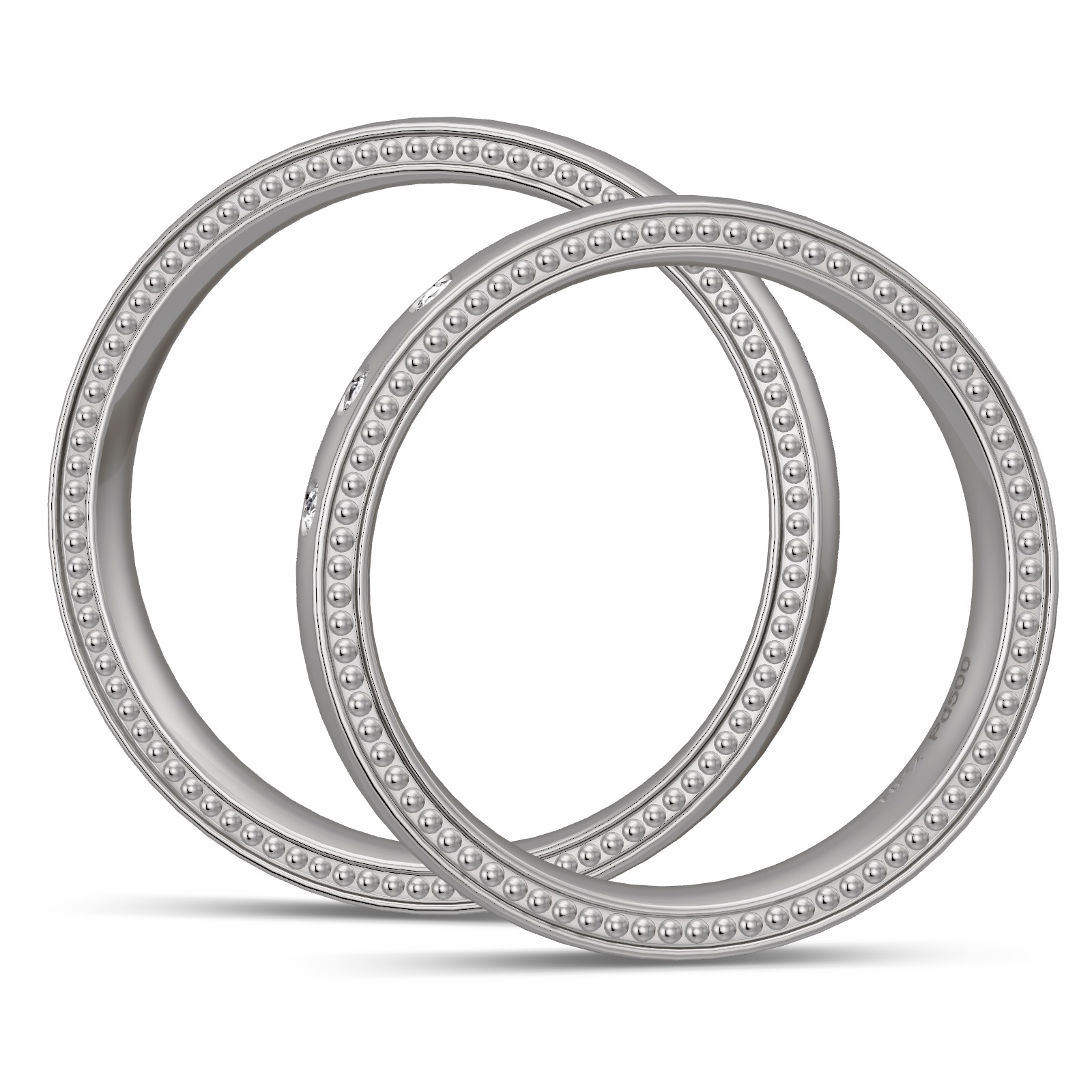 Eheringe aus Palladium 500 und Carbon mit seitlichem Muster und Diamanten in Seitenansicht
