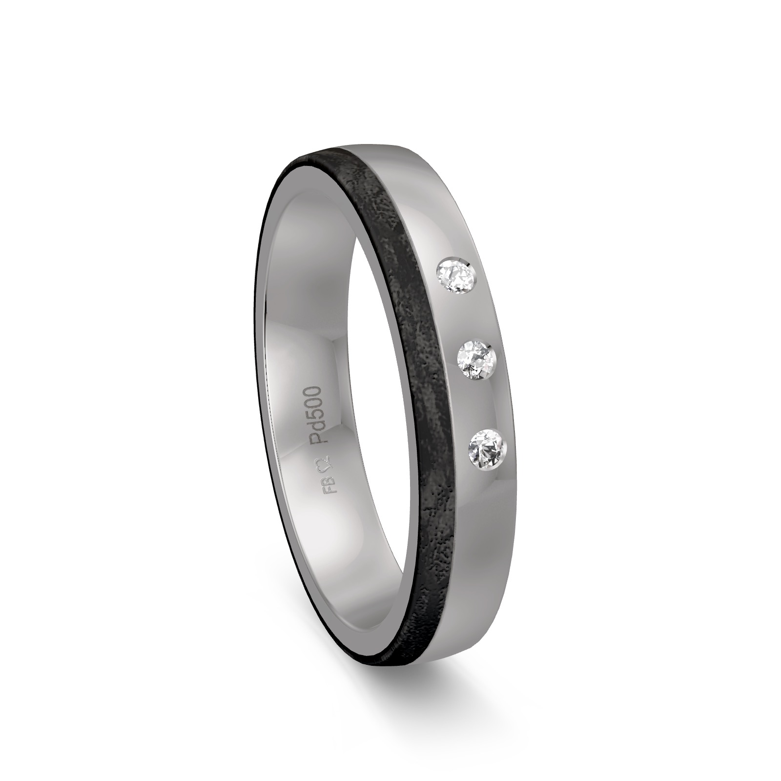 Ehering aus Palladium 500 und Carbon mit seitlichem Muster und Diamanten