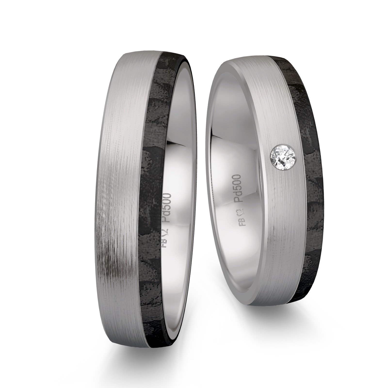 Eheringe aus längsmattem Palladium mit Carbonstreifen mit Diamanten