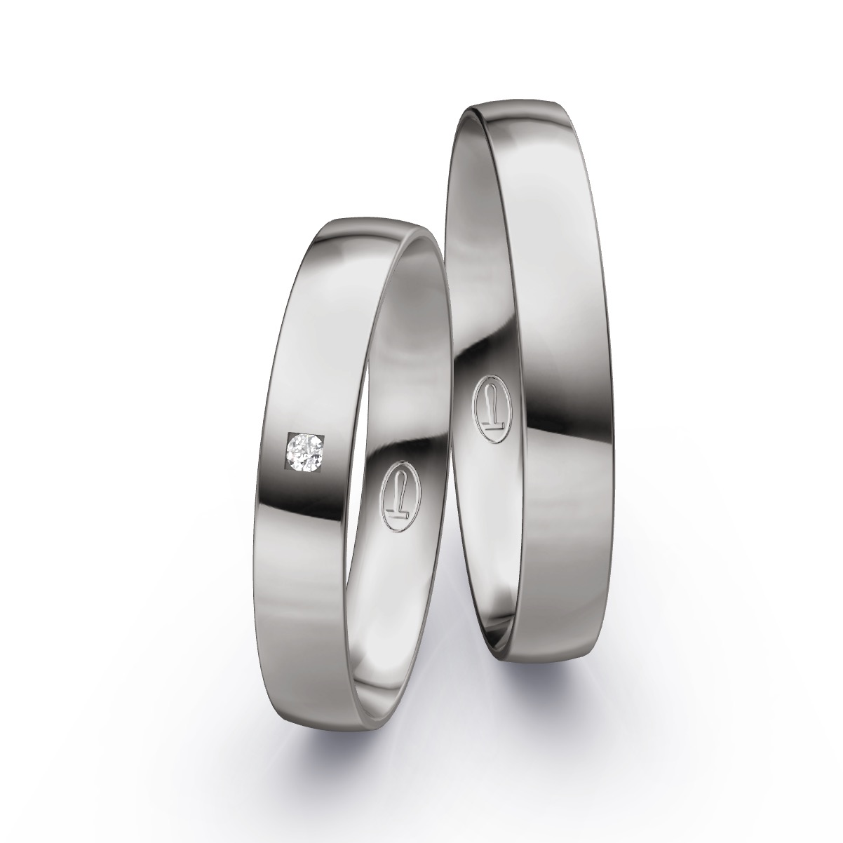 Polierte Trauringe aus Palladium 500 in schlichtem Design mit Diamanten
