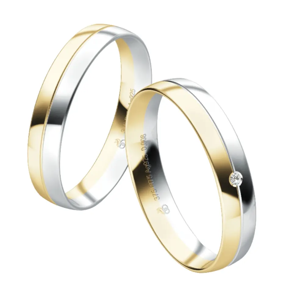 Zweifarbige Plagentum und Gelbgold Eheringe mit polierter Oberfläche und Labor Diamanten
