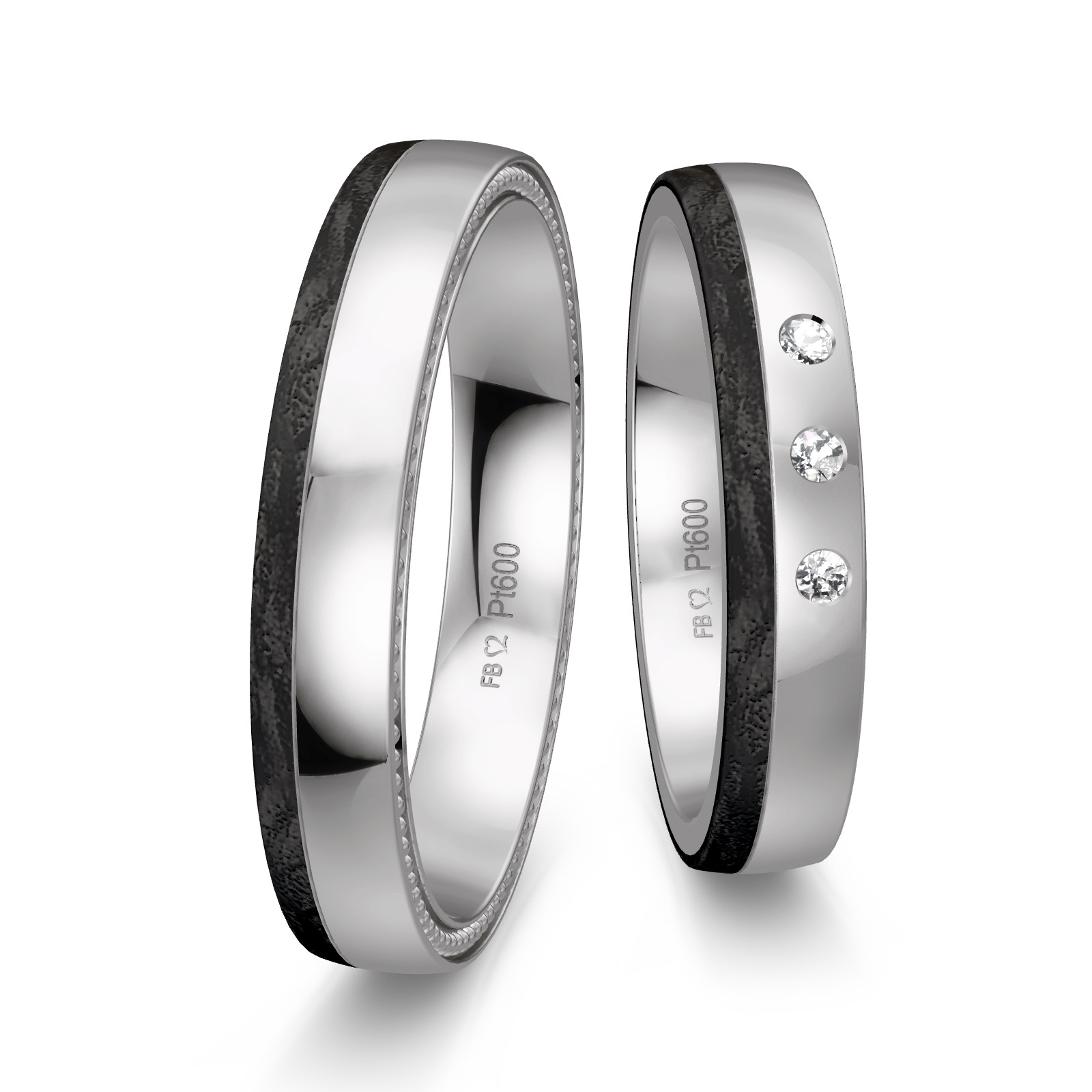 Polierte Eheringe aus Platin und Carbon mit seitlichem Muster und Diamanten