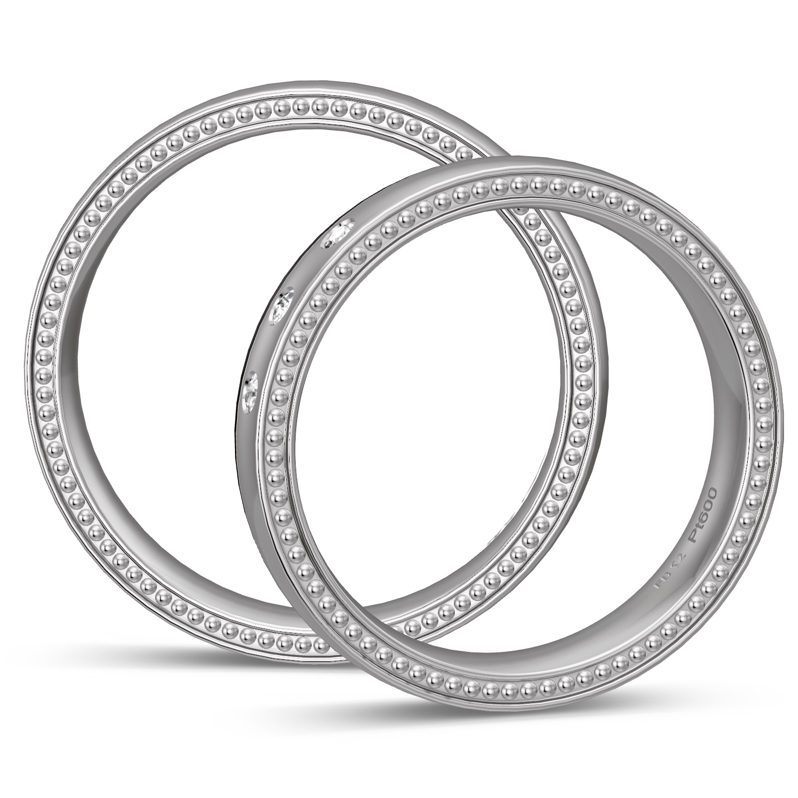 Polierte Eheringe aus Platin und Carbon mit seitlichem Muster und Diamanten in Seitenansicht