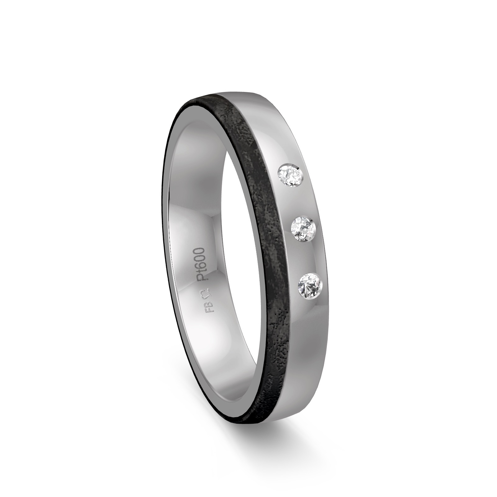 Polierter Ehering aus Platin und Carbon mit seitlichem Muster und Diamanten