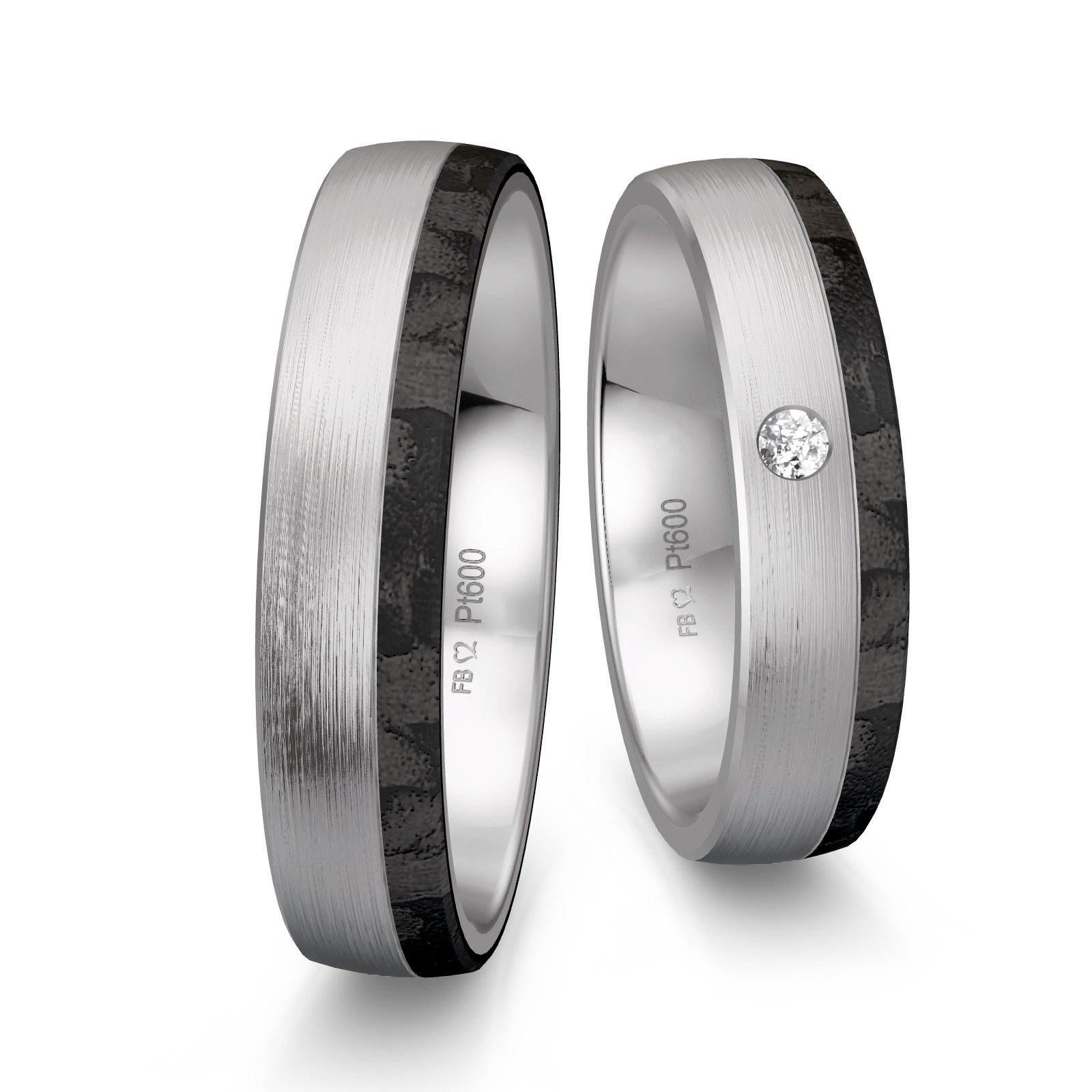 Längsmatte Eheringe aus Platin mit Carbonstreifen mit Diamanten