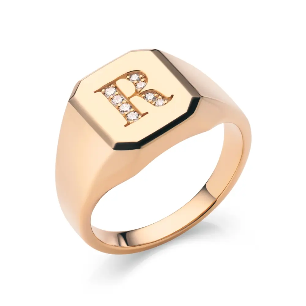 Siegelring aus Roségold 375 mit selbstgewähltem Buchstaben mit Steinen
