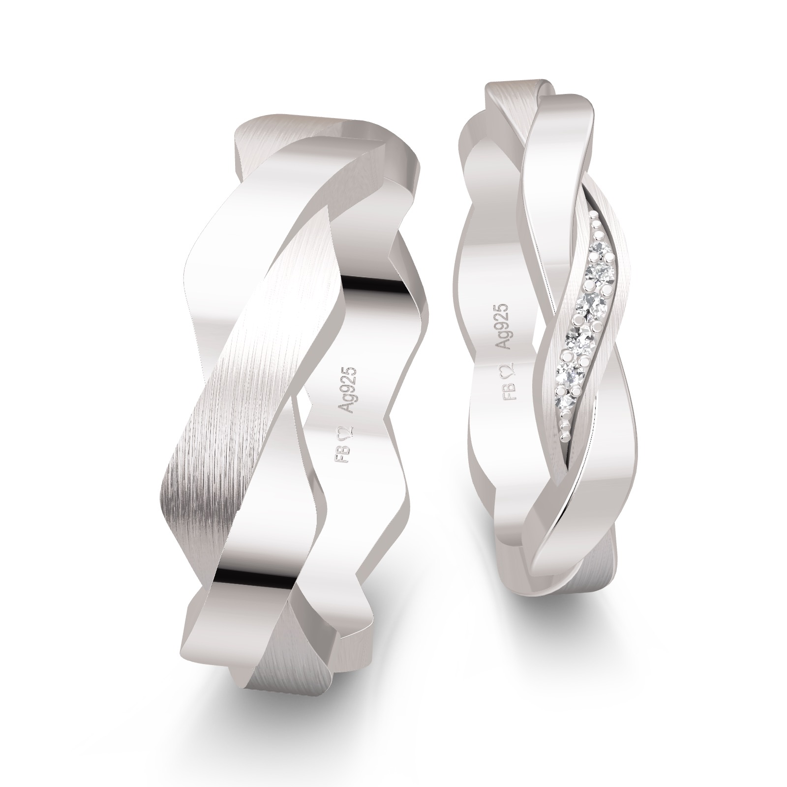 Trauringe aus rhodiniertem Silber 925 mit Labor-Diamanten in geflochtenem Design