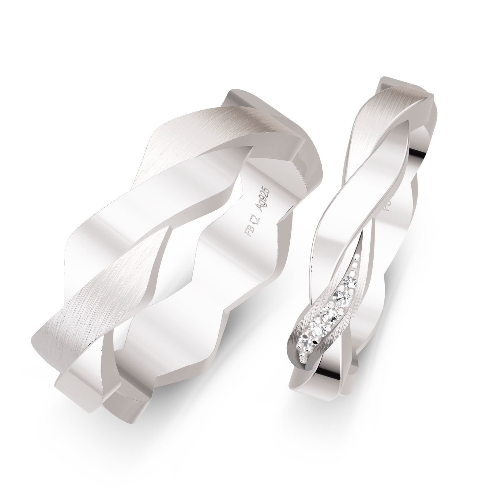Trauringe aus rhodiniertem Silber 925 mit Labor-Diamanten in geflochtenem Design von oben