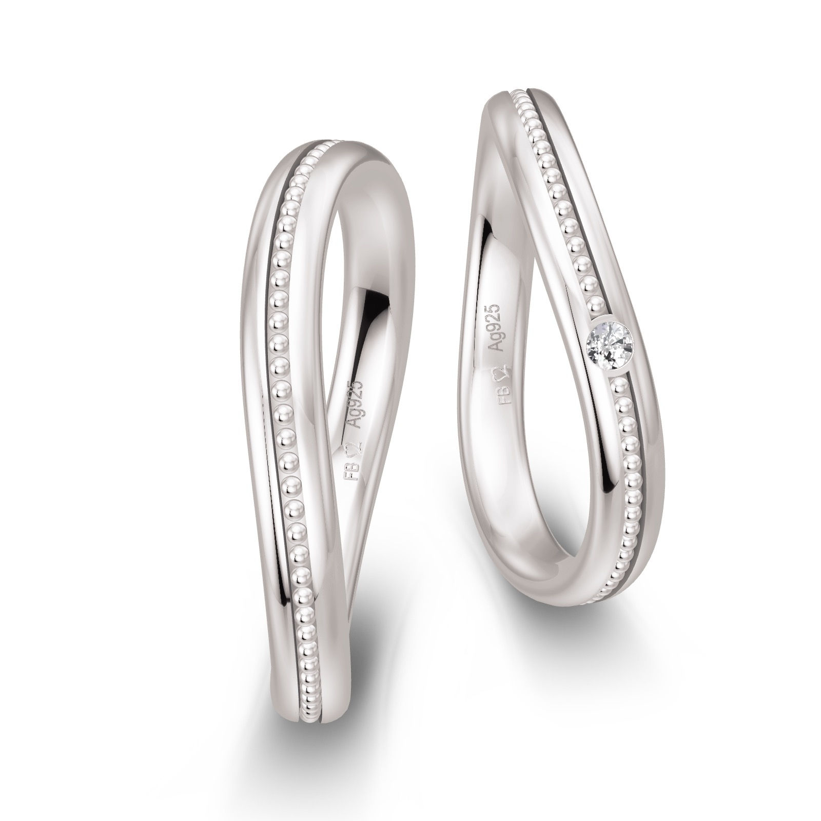 Trauringe aus rhodiniertem Silber 925 in asymmetrischer Form mit Diamanten
