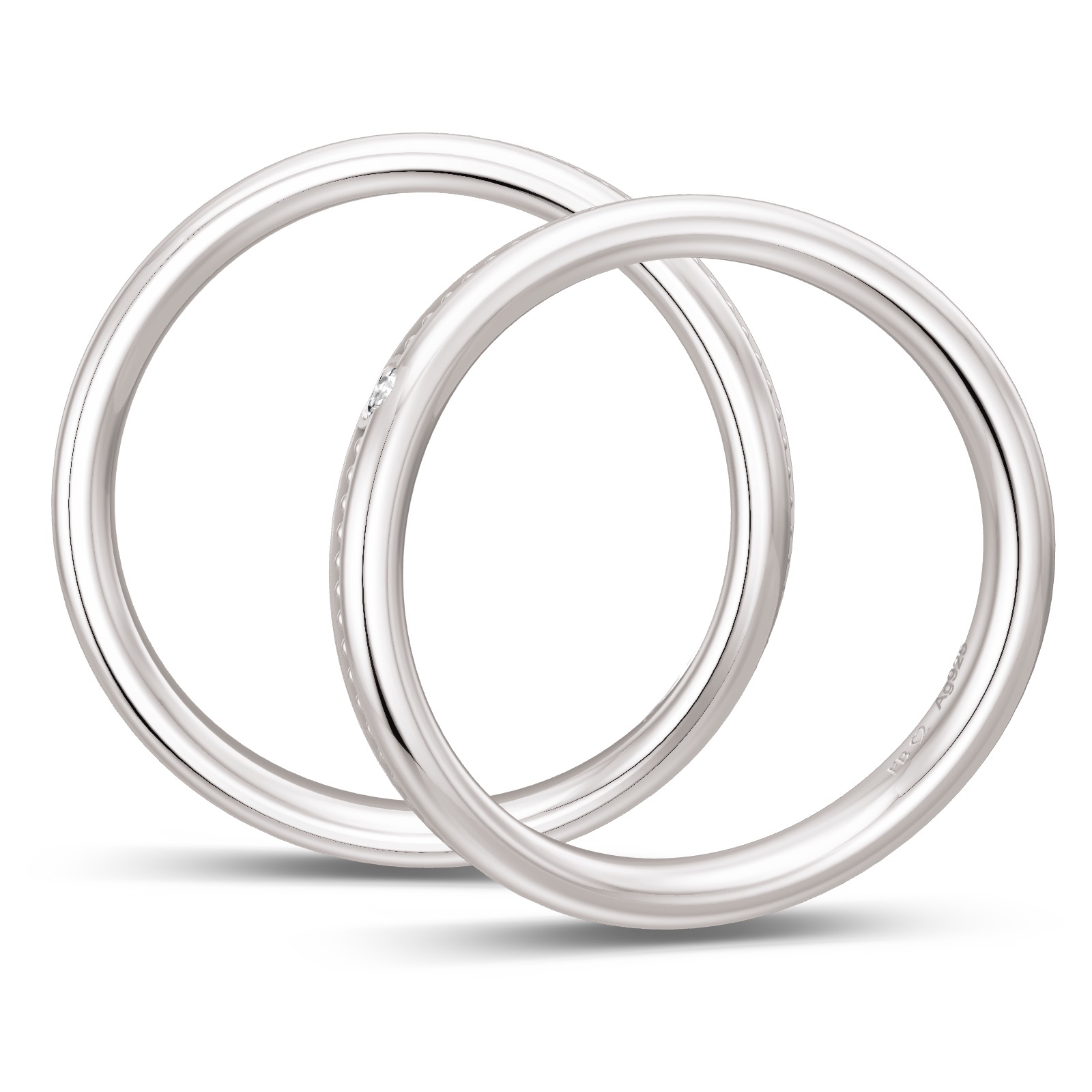 Trauringe aus rhodiniertem Silber 925 in asymmetrischer Form mit Diamanten in Seitenansicht