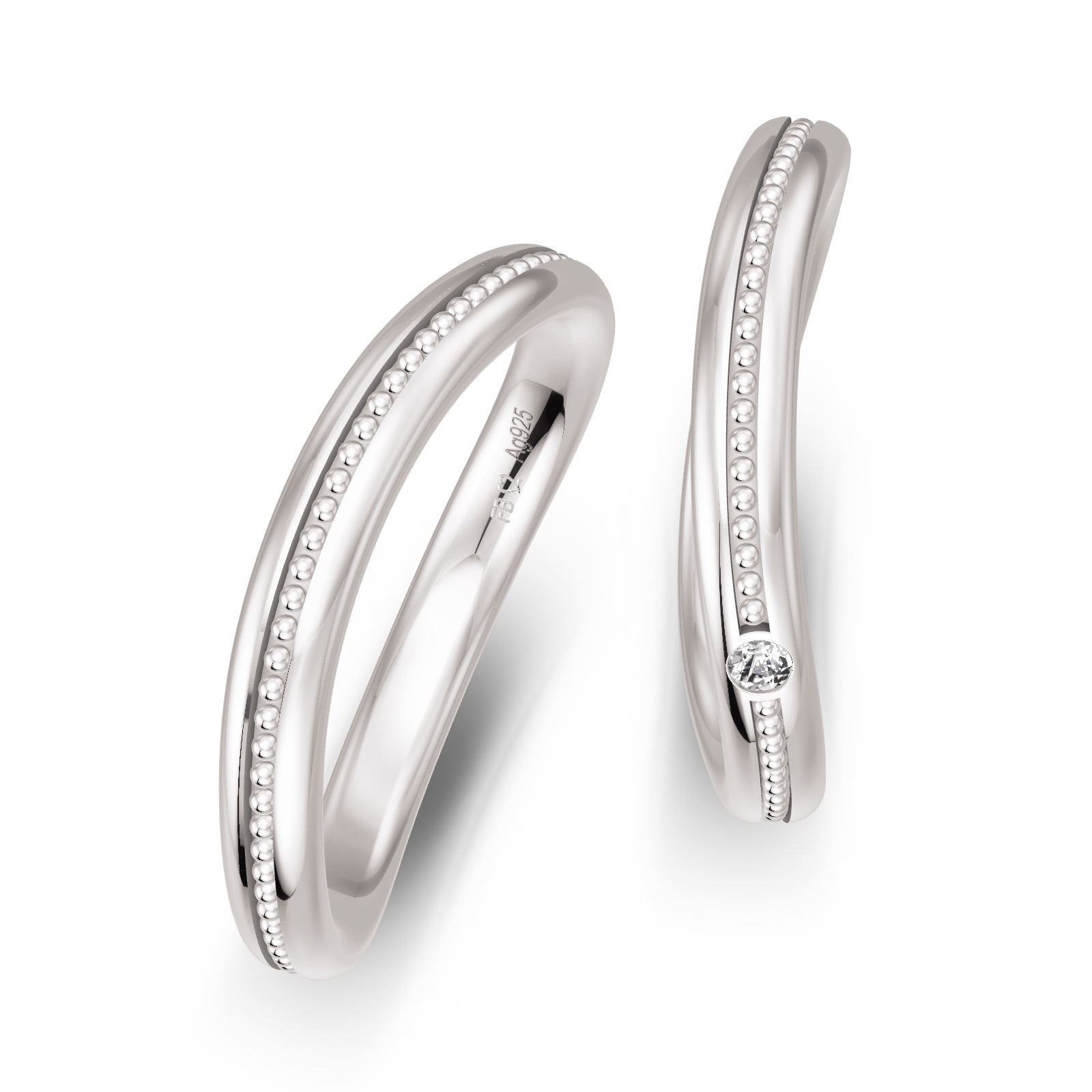 Trauringe aus rhodiniertem Silber 925 in asymmetrischer Form mit Diamanten von oben