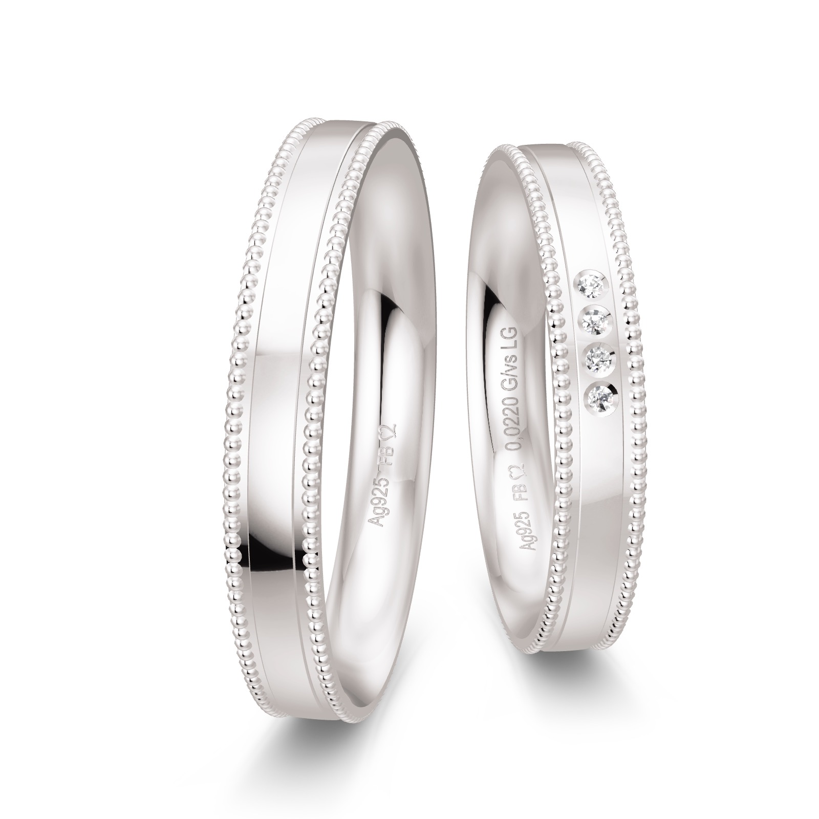 Silber 925 Eheringe mit Polierung und Millgriff am Rand mit Diamanten