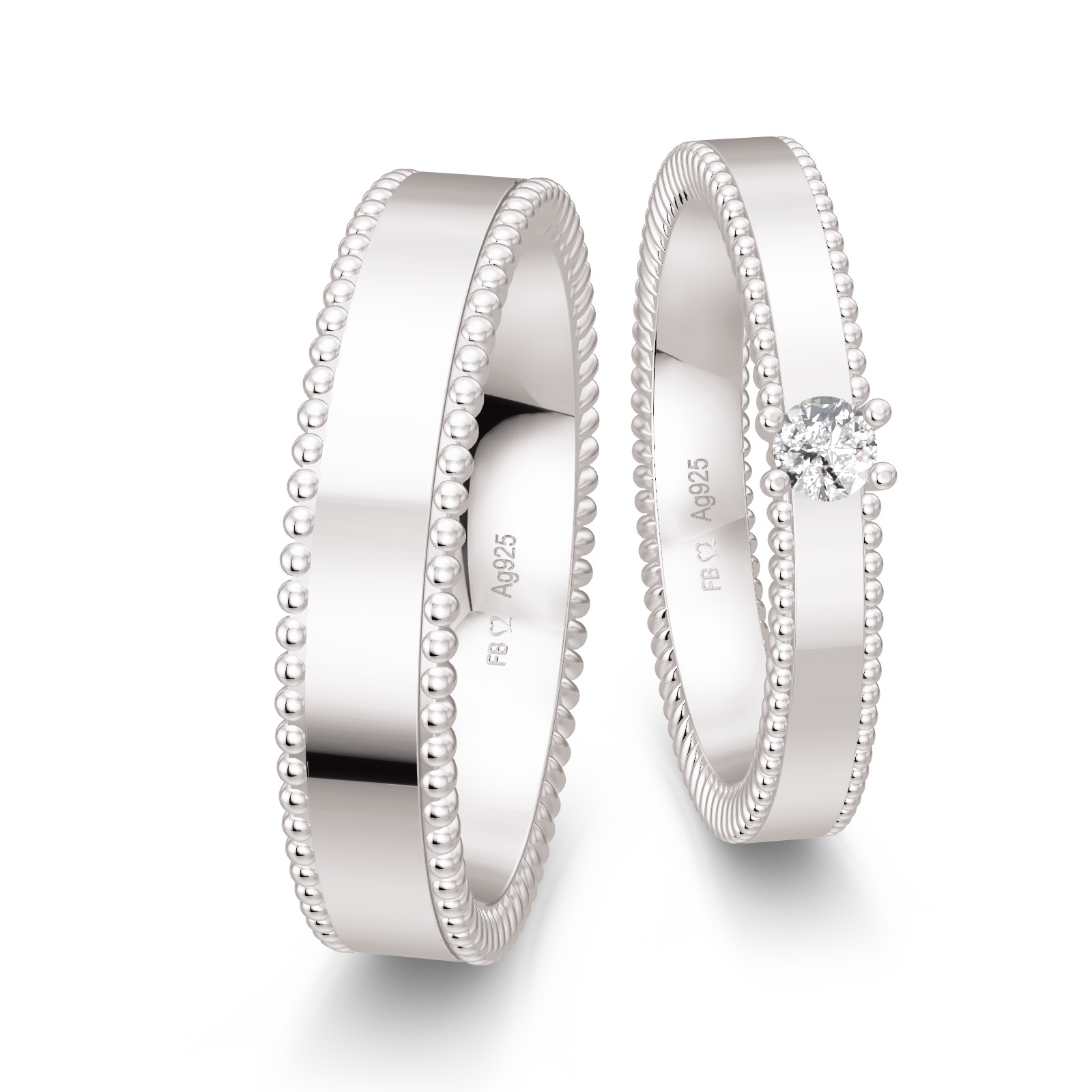 Trauringe aus Silber 925 mit großem Labor-Diamanten und Muster am Rand