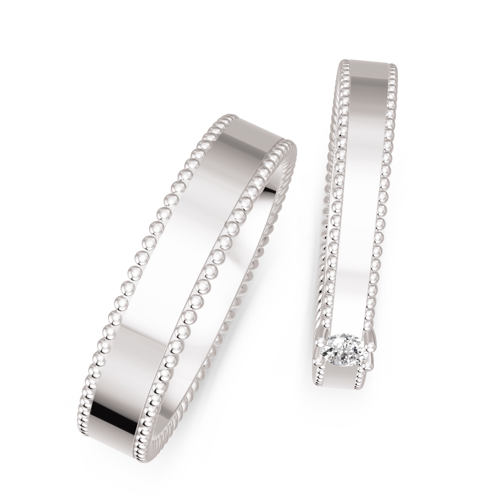 Trauringe aus Silber 925 mit großem Labor-Diamanten und Muster am Rand von oben