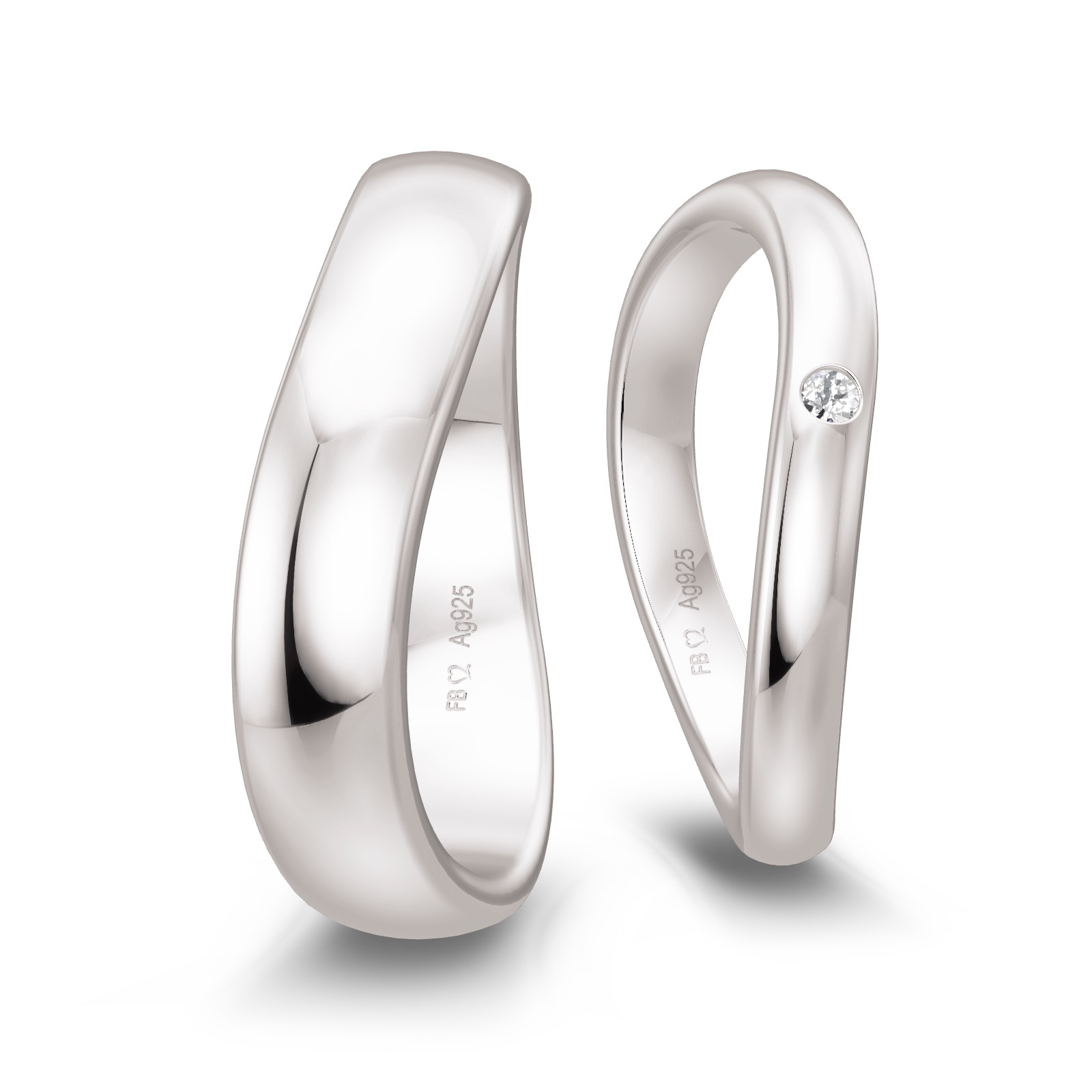 Trauringe aus Silber 925 mit Oberflächenrhodinierung und Labor-Diamanten
