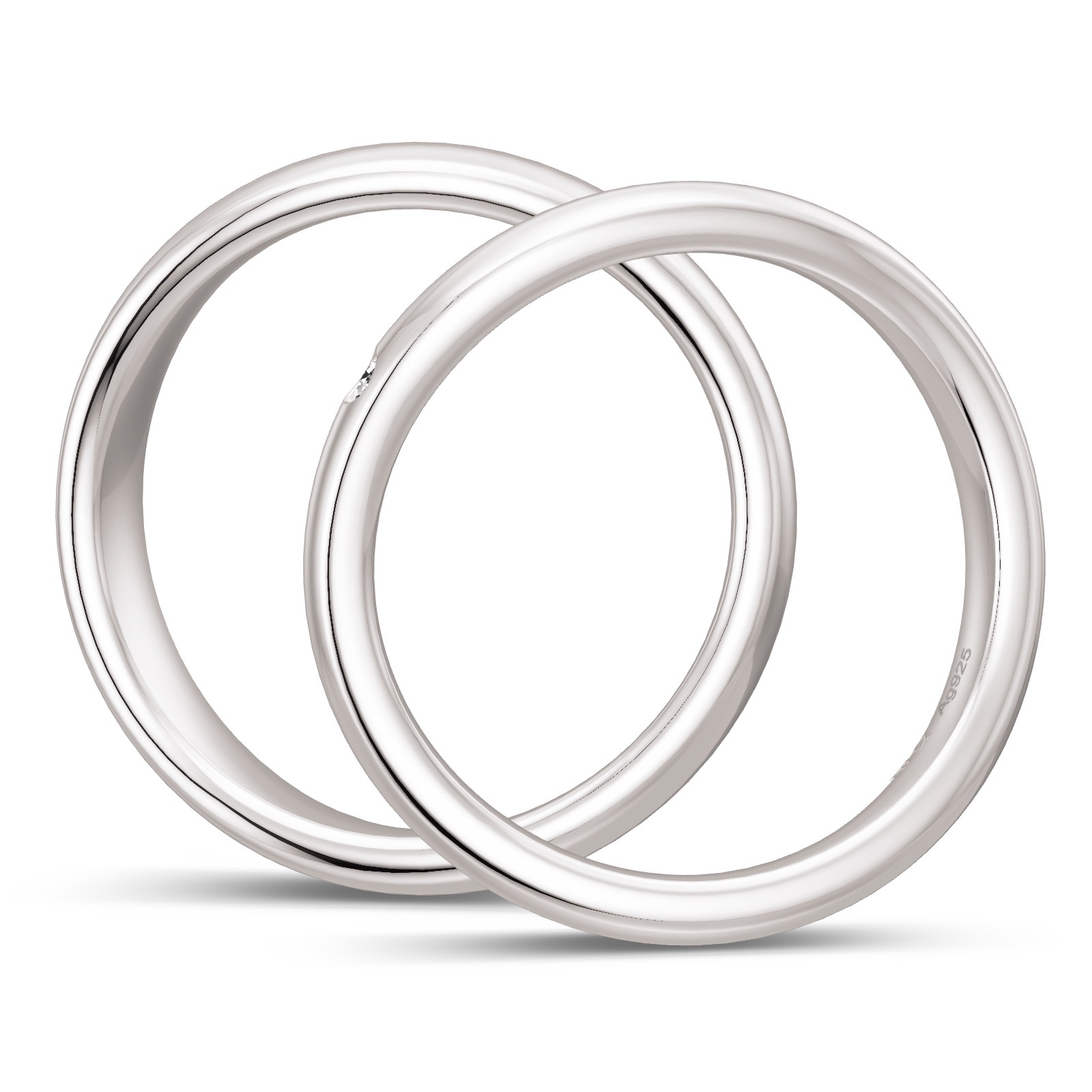 Trauringe aus Silber 925 mit Oberflächenrhodinierung und Labor-Diamanten in Seitenansicht