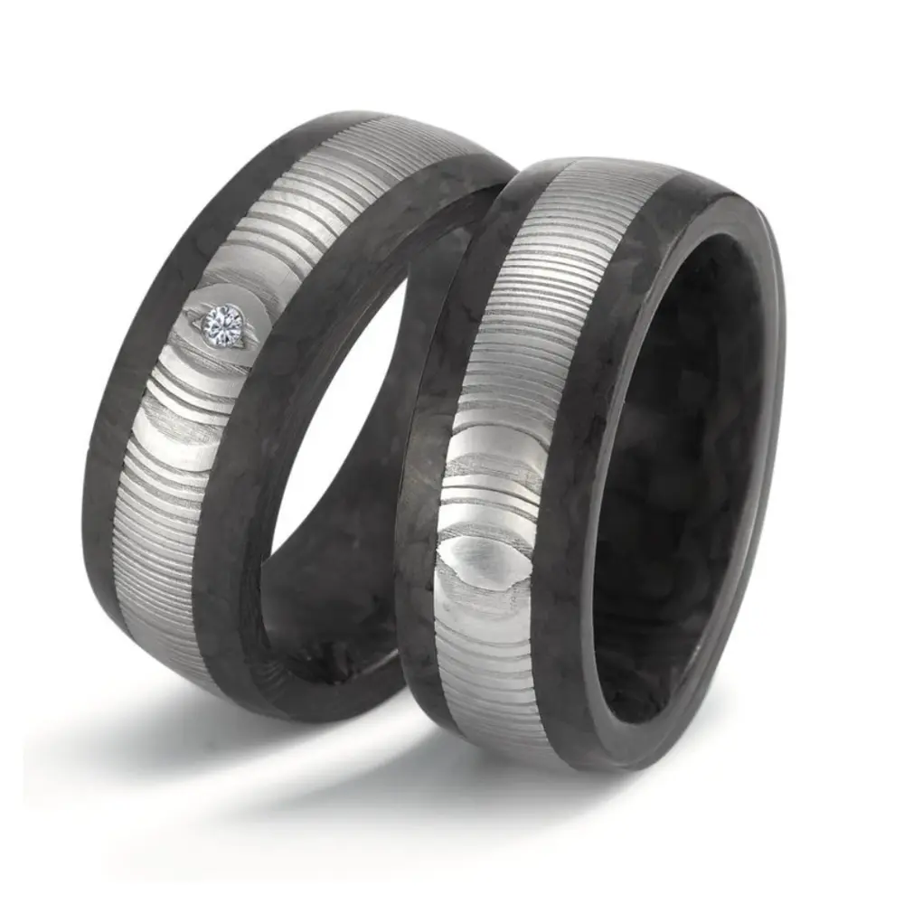 Carbon & Damaszener-Stahl Eheringe Maserung mit strukturierter Oberfläche und Maserung