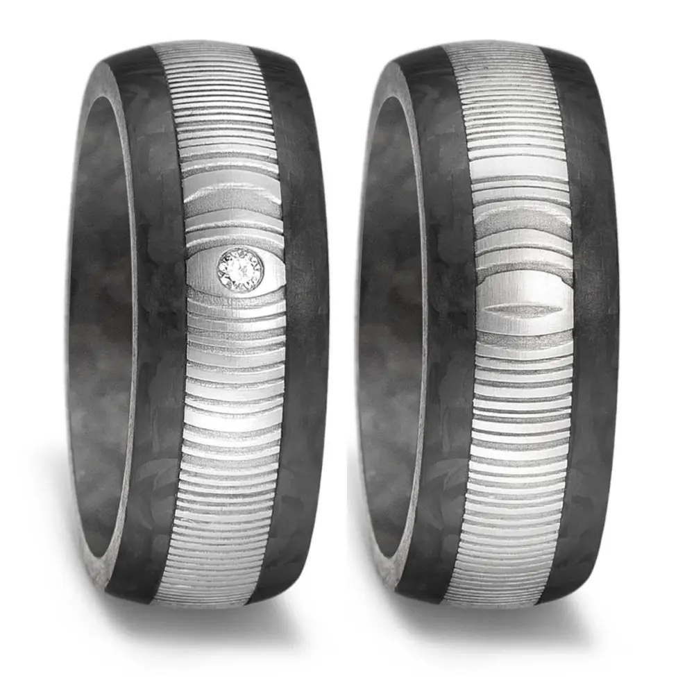 Carbon & Damaszener-Stahl Eheringe Maserung mit strukturierter Oberfläche und Maserung von vorne
