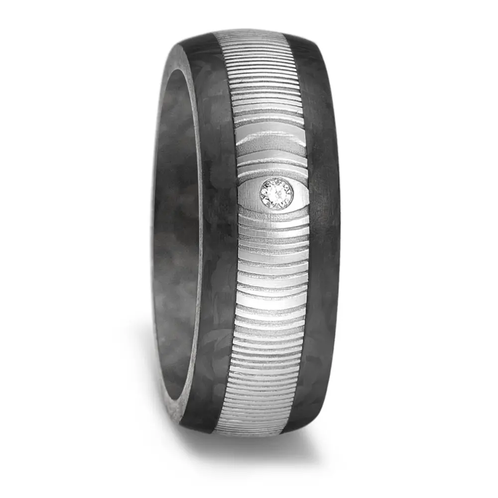 Carbon & Damaszener-Stahl Ehering Maserung mit strukturierter Oberfläche und Maserung und Diamant