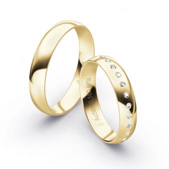 Aufnahme von polierten Gelbgold Eheringen mit vielen Diamanten in 4 mm Breite 
