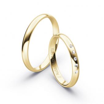 Aufnahme von polierten Gelbgold Eheringen mit vielen Diamanten in 2,5 mm Breite 
