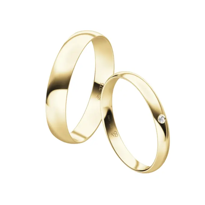 Gelbgold Eheringe in zwei Breiten - 2,5 mm und 4 mm mit Diamant im Damenring
