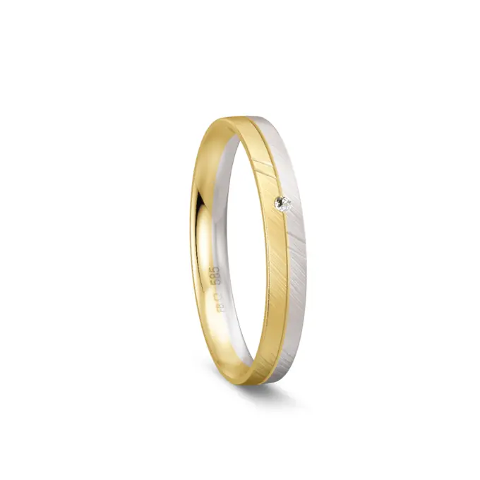 Trauring aus Gelbgold und Weißgold schmal quermatt mit Diamant