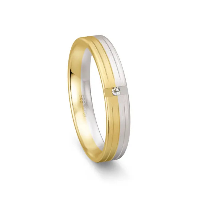 Trauring aus Gelbgold und Weißgold mit Längstmattierung und 3 Rillen und Diamant