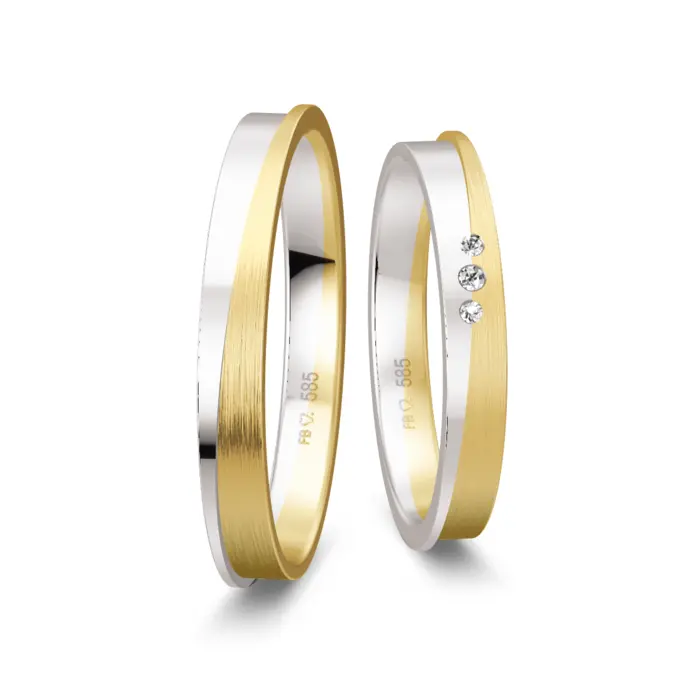 Gelbgold/Weißgold Trauringe matt poliert mit 3 Diamanten