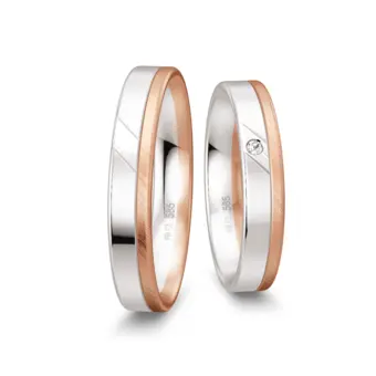 Trauringe aus Weißgold und Roségold matt und poliert mit Diamant