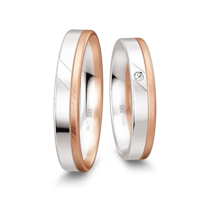 Trauringe aus Weißgold und Roségold matt und poliert mit Diamant