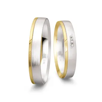 Trauringe matt aus Weißgold mit Streifen aus Gelbgold und 3 Diamanten