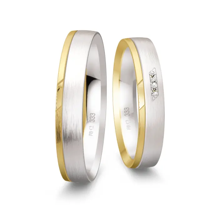 Trauringe matt aus Weißgold mit Streifen aus Gelbgold und 3 Diamanten