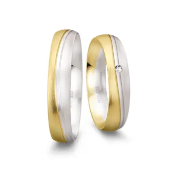 Eheringe aus Gelbgold und Weißgold matt gerundet mit 2 Rillen und Diamant