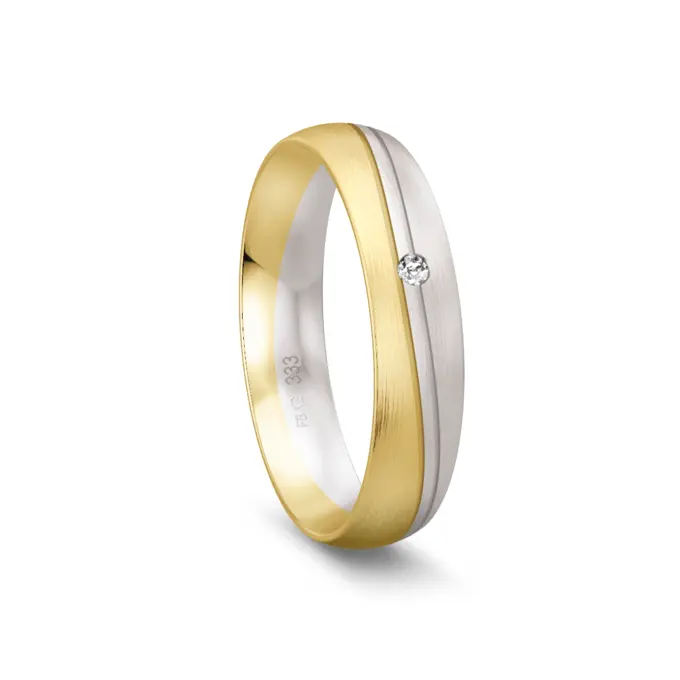 Ehering aus Gelbgold und Weißgold matt gerundet mit 2 Rillen und Diamant