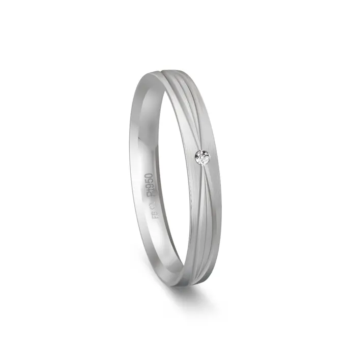 Ehering aus mattem Platin schmal mit Rillenmuster und Diamant
