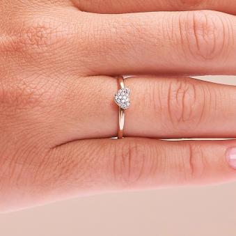 Aufnahme vom Schmuckring aus Rotgold 585 mit Zirkonia in Herzform gefasst auf Hand