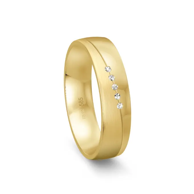 Trauring aus Gelbgold mit 5 Diamanten Polierung und Mattierung und Rillen