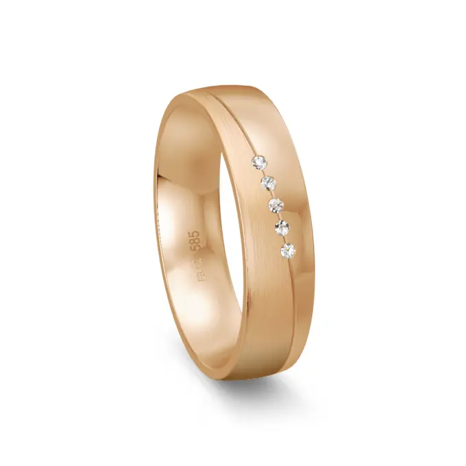 Trauring aus Roségold mit 5 Diamanten Polierung und Mattierung