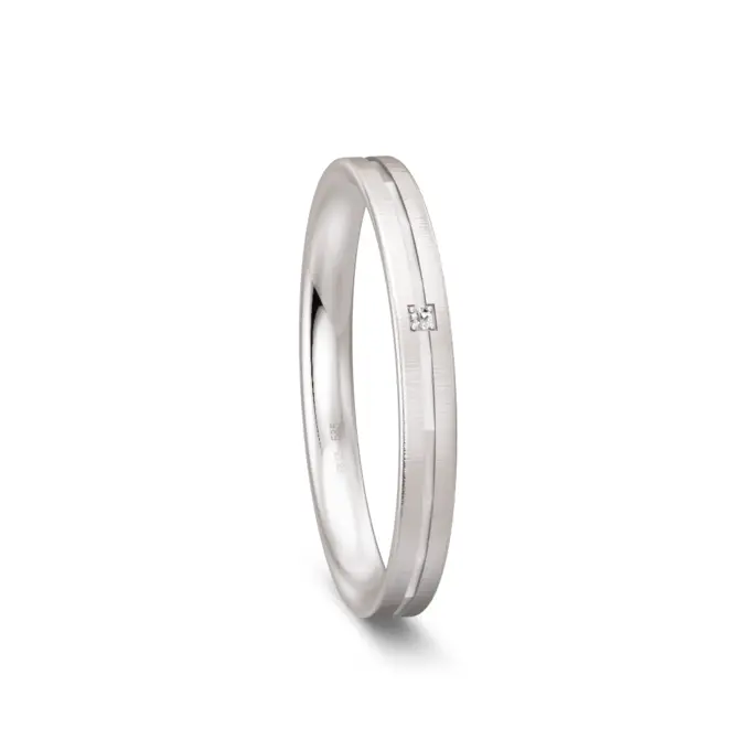 Ehering aus Weißgold quermatt schmal mit Diamanten und polierter Mittelrille