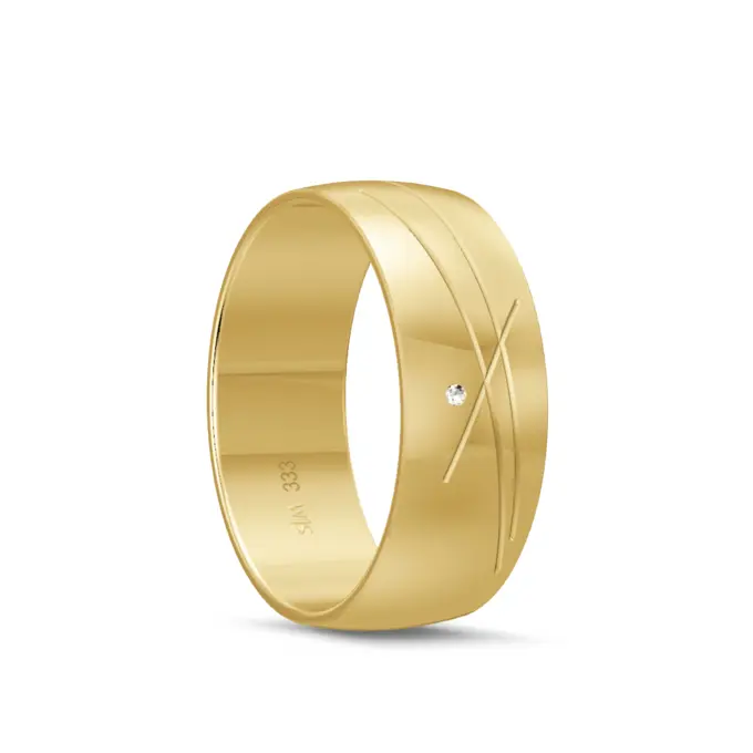 Gelbgold Ehering mit Strahlenmuster breit poliert und Diamanten