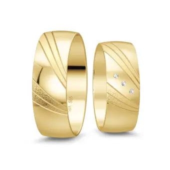 Gelbgold Trauringe poliert mit mattem Streifenmuster und Diamanten