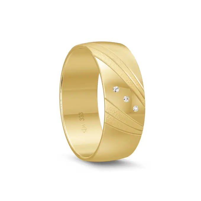 Gelbgold Trauring poliert mit mattem Streifenmuster und Diamanten