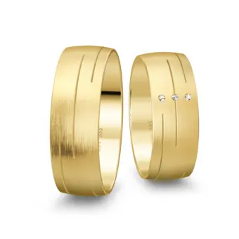 Gelbgold Trauringe breit matt mit Rillenmuster und 3 Diamanten