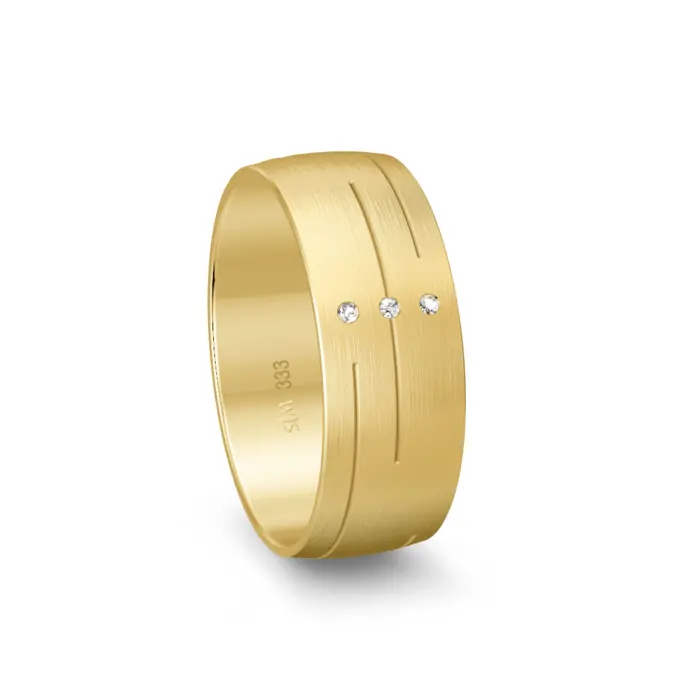 Gelbgold Trauring breit matt mit Rillenmuster und 3 Diamanten