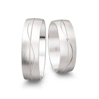 Weissgold Trauringe mit Diamant und Rillenmuster breit matt