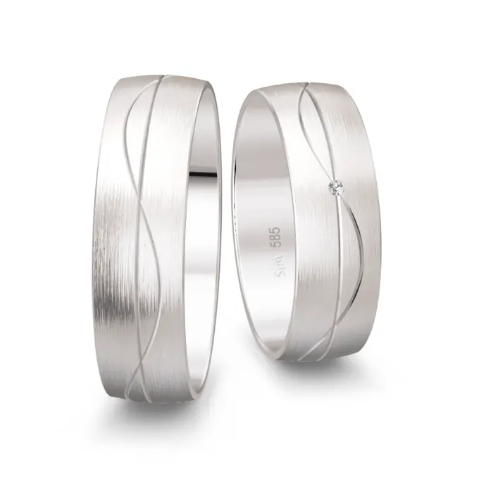 Weissgold Trauringe mit Diamant und Rillenmuster breit matt