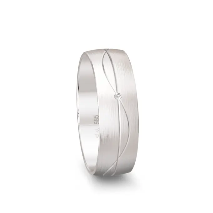 Weissgold Trauring mit Diamant und Rillenmuster breit matt