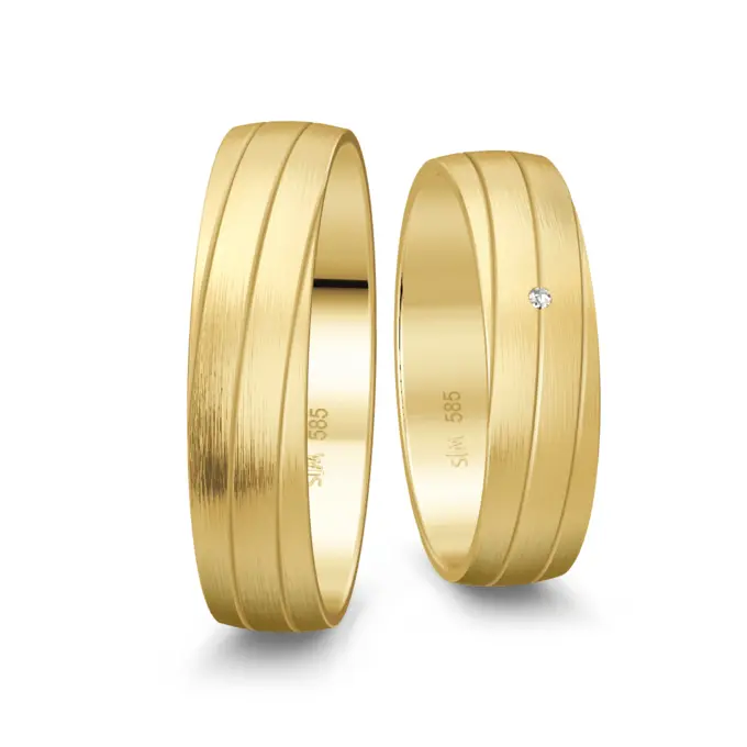 Gelbgold Trauringe matt mit Rillen und Diamanten